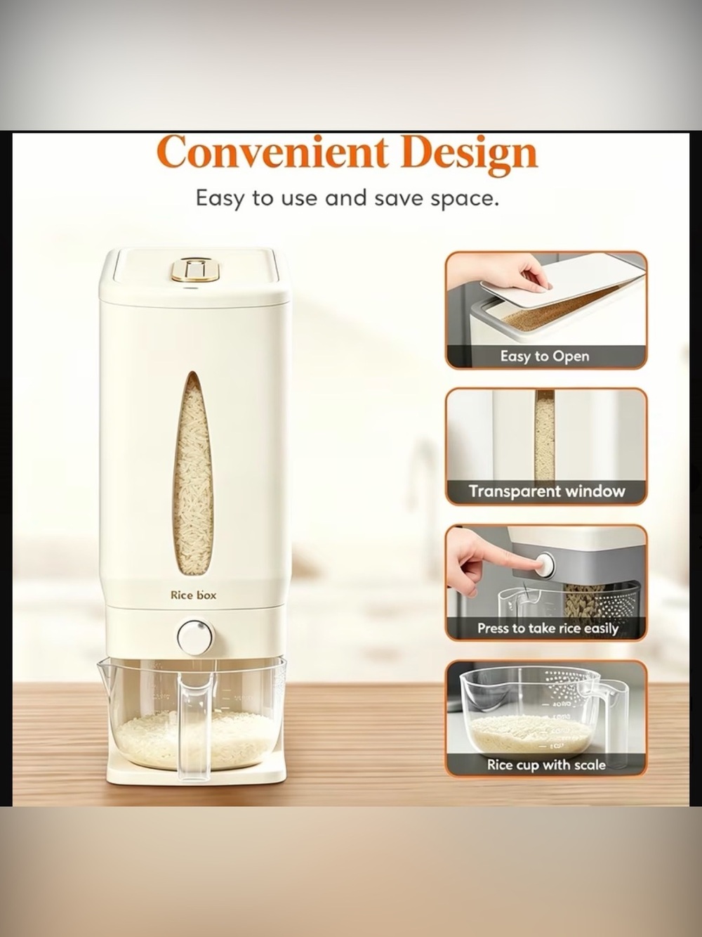 Cream Automatic Rice Dispenser with Measuring Cup - Picture 7 of 8